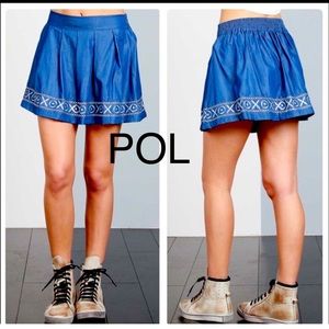 POL💙Denim mini-skater skirt w/embroidery details